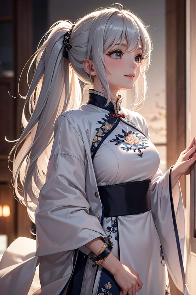 Best Quality,High resolution,8k,finelity detailed background,Masterpiece:1.2),beautiful girl,Glossy romance gray hair,pony tail,Gray eyes,Gentle look,A refreshing look,smile,Best quality,Best Quality,Aesthetic and aesthetic:1.2,Best details((Super detailed))(High-definition CG illustrations),Chinese clothing,Slender body,Party Venue,smile,blush,cute,Scrounge,Looking up,Being spoiled,super model,shoot from side