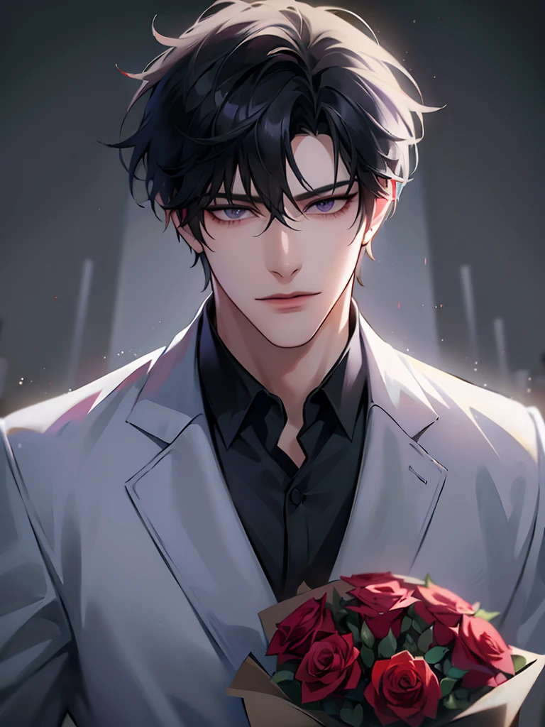 (masterpiece, 8k, high quality, best quality:1.6), 1boy, solo, short hair, black hair, asymmetrical fringe, purple eyes, handsome, sharp eyes, (mature male, mature:1.2), male focus, fashionable, tucked in open white collared shirt, gray pants, necklace, outdoors, meadow, flowery field, close up, smile, long eyelashes, soft shadows, perfect anatomy, holding a bouqet of red roses, spring season