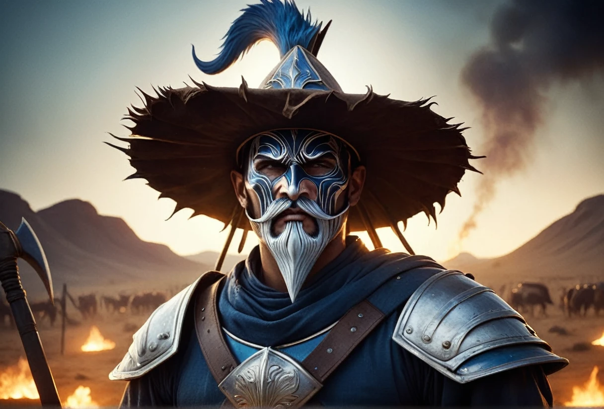 "Create a realistic and intense image of a warrior named FarmMasteR, depicted with a head that resembles the drawing provided, including the hat, facial features, and mustache. The warrior should be holding a large scythe, representing his farming background. The character should be dressed in traditional medieval desert armor, with a unique and fearsome presence. The background should depict a war-torn desert battlefield with a blue tone, filled with flames, smoke, and destruction to enhance the intense atmosphere. The lighting should be dramatic, emphasizing FarmMasteR's powerful and unique appearance. The name 'FarmMasteR' should be prominently displayed in bold, cinematic font, ensuring it is clearly visible and integrated into the design."