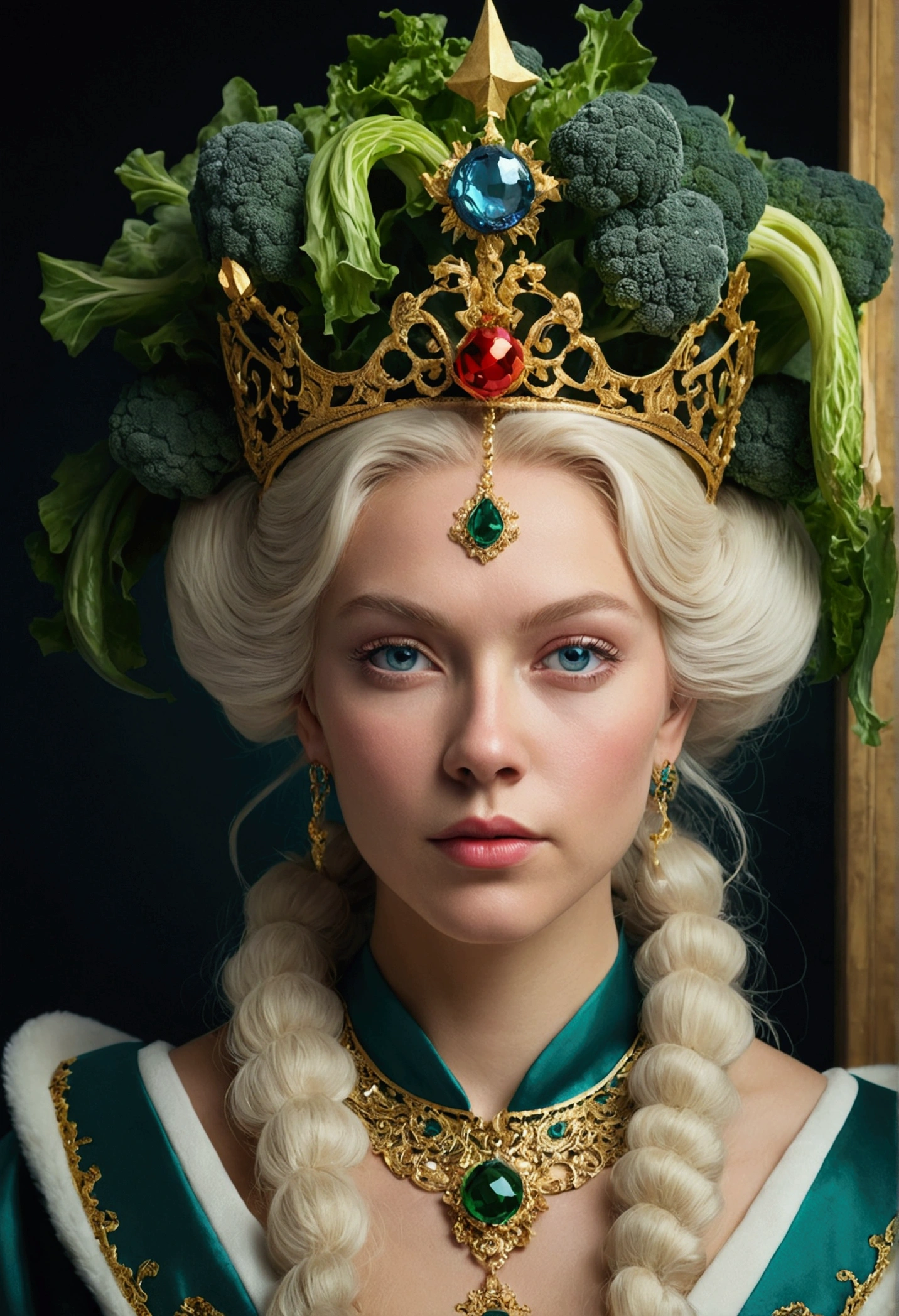 Beautiful portrait of queen, Blonde Hair, Perfect blue eyes, brilliant, impossible striking big Christmas headpiece, Clothes Santa Claus Robe, Everything Christmas, snow, symmetry, Drama Studio Lighting, Rococo, Baroque, Green vegetables, Asia, Surrealism, close up, d&d, fantasy, complex, elegant, Very detailed, number, Art Station, Octane Rendering, 8K, Concept Art, Matte, Clear focus