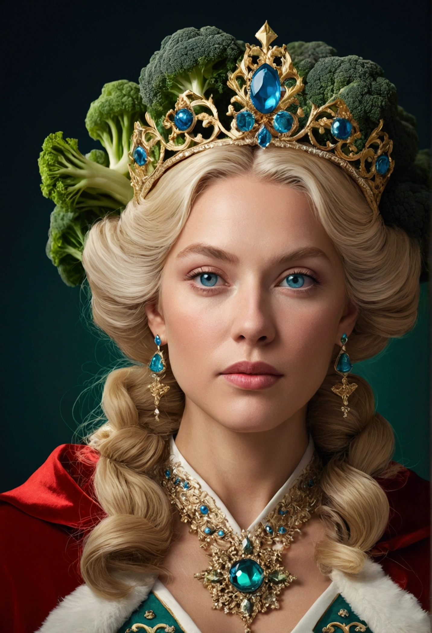 Beautiful portrait of queen, Blonde Hair, Perfect blue eyes, brilliant, impossible striking big Christmas headpiece, Clothes Santa Claus Robe, Everything Christmas, snow, symmetry, Drama Studio Lighting, Rococo, Baroque, Green vegetables, Asia, Surrealism, close up, d&d, fantasy, complex, elegant, Very detailed, number, Art Station, Octane Rendering, 8K, Concept Art, Matte, Clear focus
