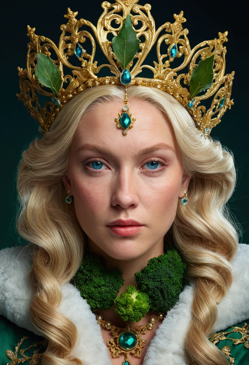 Beautiful portrait of queen, Blonde Hair, Perfect blue eyes, brilliant, impossible striking big Christmas headpiece, Clothes Santa Claus Robe, Everything Christmas, snow, symmetry, Drama Studio Lighting, Rococo, Baroque, Green vegetables, Asia, Surrealism, close up, d&d, fantasy, complex, elegant, Very detailed, number, Art Station, Octane Rendering, 8K, Concept Art, Matte, Clear focus