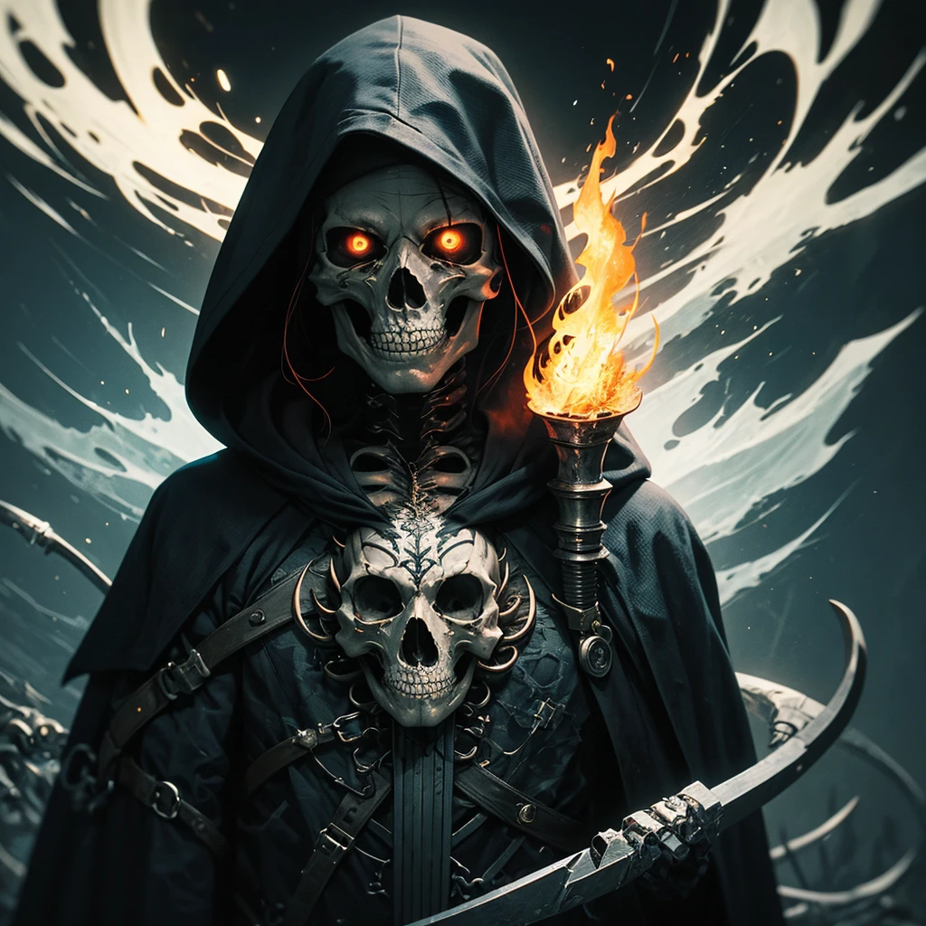 Hood, Scull, a skeleton, One, 1 boy, male focus, fire, robe, Hood up, cloak, upper body, copyright name, Black background,Scull face,Scull tattoo on facezdeath,soul,soul reaper , I&#39;m holding a sieve,direct welder