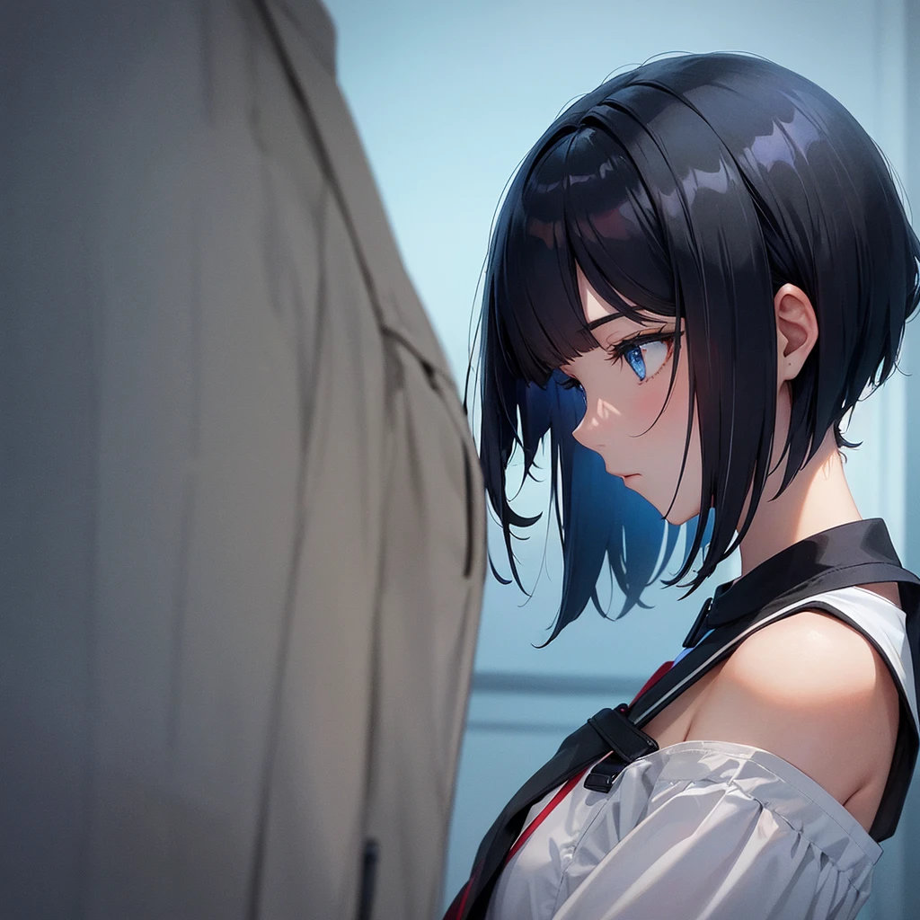 Profile of a high school girl with black bob hair gazing at the dark night sky. The girl is designed with a beautiful blue base.、Expressing youth and transience. Upper body only. Solo.