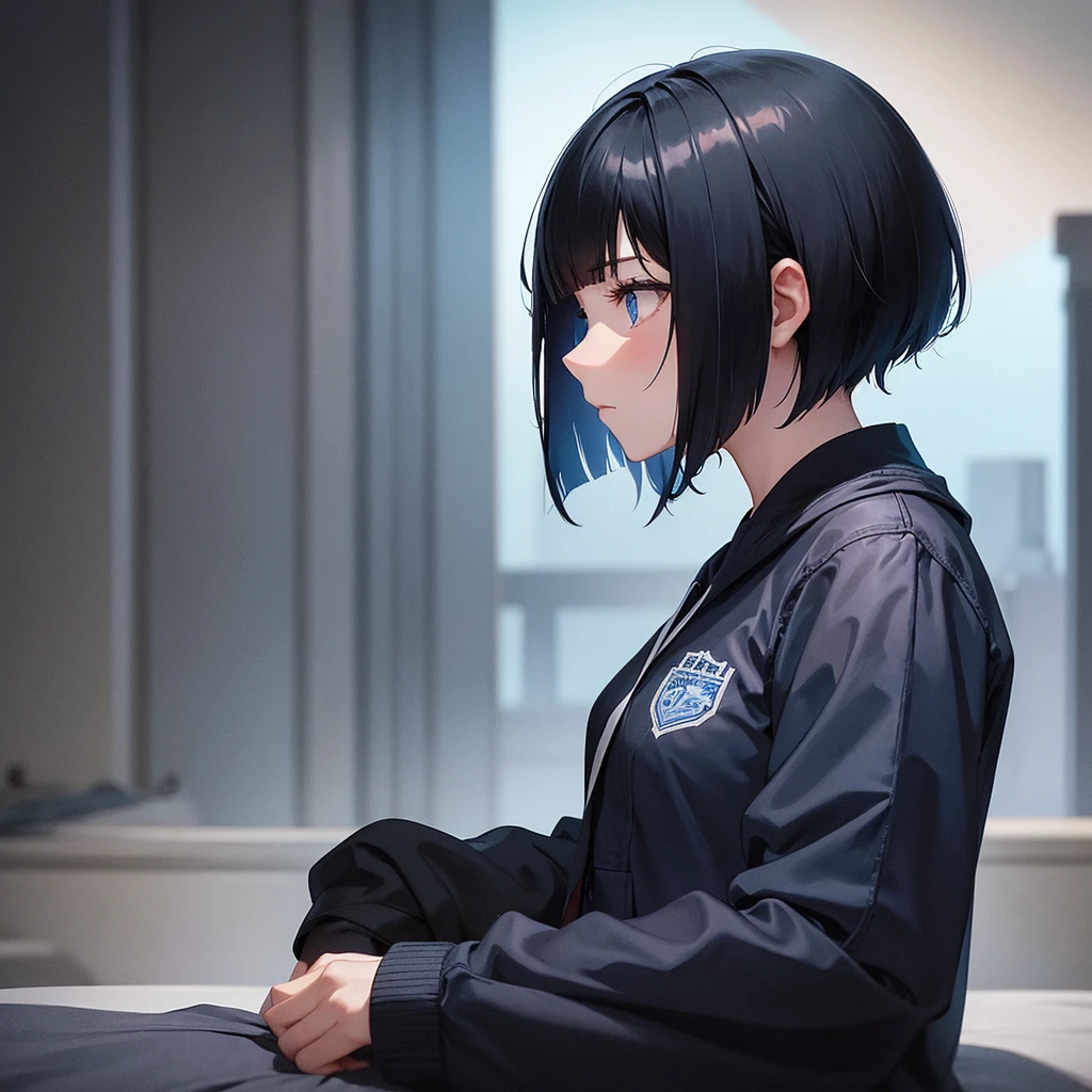 Profile of a high school girl with black bob hair gazing at the dark night sky. The girl is designed with a beautiful blue base.、Expressing youth and transience. Upper body only. Solo.