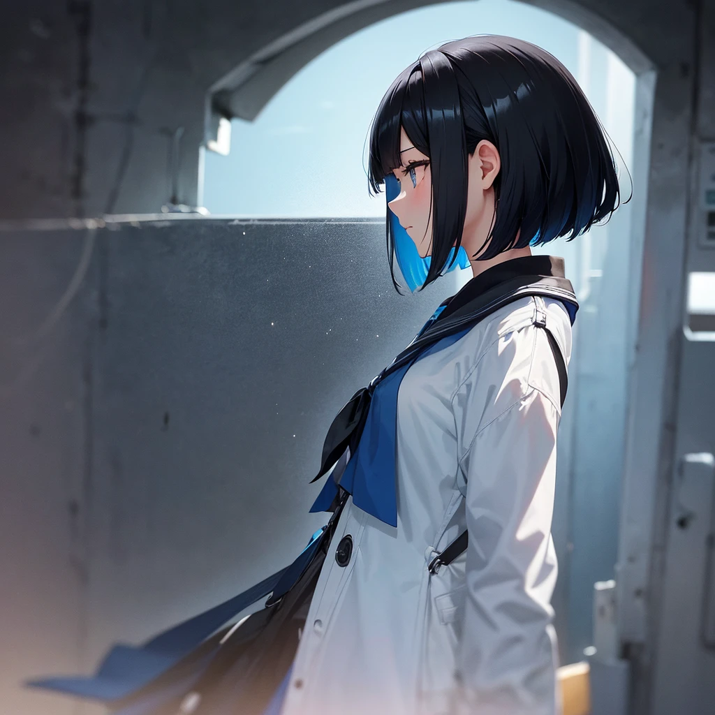 Profile of a high school girl with black bob hair gazing at the dark night sky. The girl is designed with a beautiful blue base.、Expressing youth and transience. Upper body only. Solo.