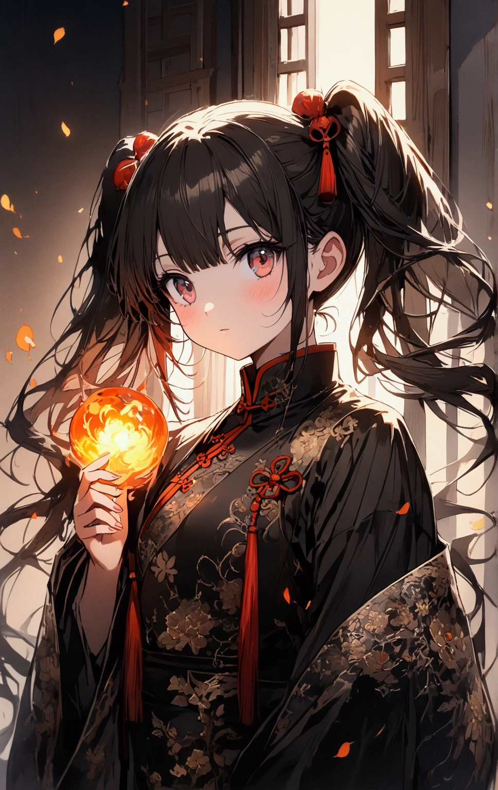 (((Beautiful girl artwork))),Twin tails、Black Chinese clothing, Looks about 15 years old, (beautiful girl: 1.3),Steam from cooking