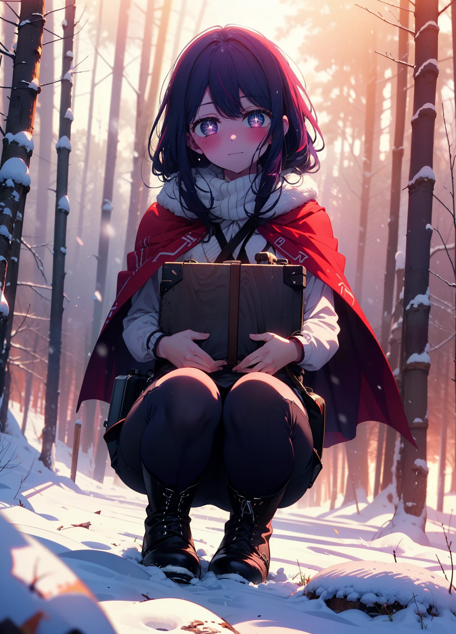 aihoshino, Ai Hoshino, Long Hair, bangs, (Purple eyes:1.1), Purple Hair, (Symbol-shaped pupil:1.5), smile,,smile,blush,white breath,
Open your mouth,snow,Ground bonfire, Outdoor, boots, snowing, From the side, wood, suitcase, Cape, Blurred, , forest, White handbag, nature, Squat, Mouth closed, Cape, winter, Written boundary depth, Black shoes, red Cape break looking at viewer, Upper Body, whole body, break Outdoor, forest, nature, break (masterpiece:1.2), Highest quality, High resolution, unity 8k wallpaper, (shape:0.8), (Beautiful and beautiful eyes:1.6), Highly detailed face, Perfect lighting, Highly detailed CG, (Perfect hands, Perfect Anatomy),