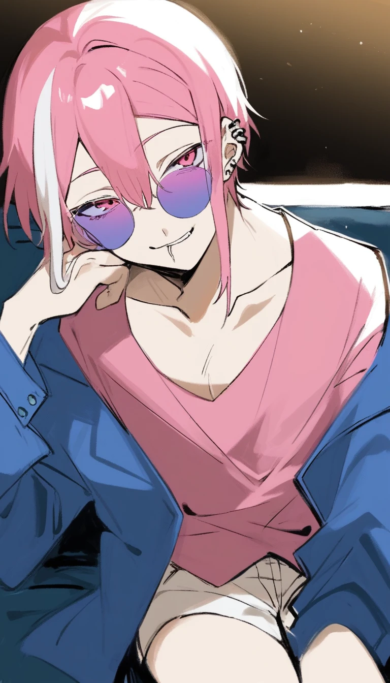 a young man with medium pink hair and some white highlights, UP TO THE NECK, piercings na orelha, hot pink eyes, short clothing. your chin rests under your hands in a perverted way. the pink, red and orange are colors present in her sexy and short outfit, next to sunglasses with clear purple lenses. He smiles mischievously and seductively, sitting on the big sofa with elbow on the arm of the sofa. femboy, 精致的面容. white short shorts, short pink blouse, open blue jacket. sexy boy. detailled image, HD. cute smile.  clear living room, comfortable environment, sofá fofthe pink, sitting not sofa, sorriso sexy, biting lower lip seductively