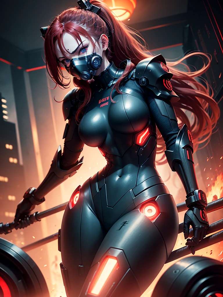 cyborg warrior girl in an attacking pose View from below, angle from below, flat horizon photo, Girl android , she has long red hair, hair tied up in a ponytail, she has a mask on her face, a respirator, a woman with sexy hips, incredibly beautiful blue eyes and a gas mask on her face, half cyborg, technological modifications. Beautiful face, black metal cybernetic android robot body in black color, Large, wide hips, suit with red indicator lines with many red details, cybernetic armor with a red glow from under the joints and joints, she has blue eyes , frame with a flat horizon, Anime Style Photography , Red Lasers, black background Cyberpunk style, the camera films Her from below, lower angle of photography, black background image of a night black city and red neon lights, red lamps, red lighting, red flashes in the background