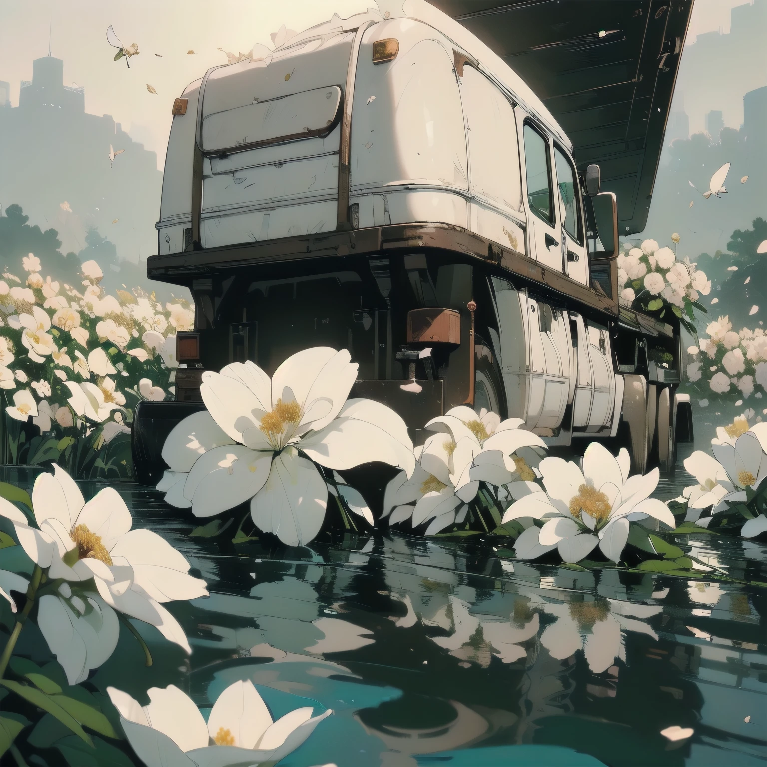 (((Masterpiece, top quality))), (((32K wallpaper))), ultra high resolution, (((close-up))), gorgeous light leak, (((backlit))), highly detailed background, top quality, (((no humans))), highly transparent river, (((extremely detailed rusty heavy truck with many white flowers)),  (((( very dull color )))), (((( white flowers in the water))), (((White petals fly)))、エヴァンゲリオン