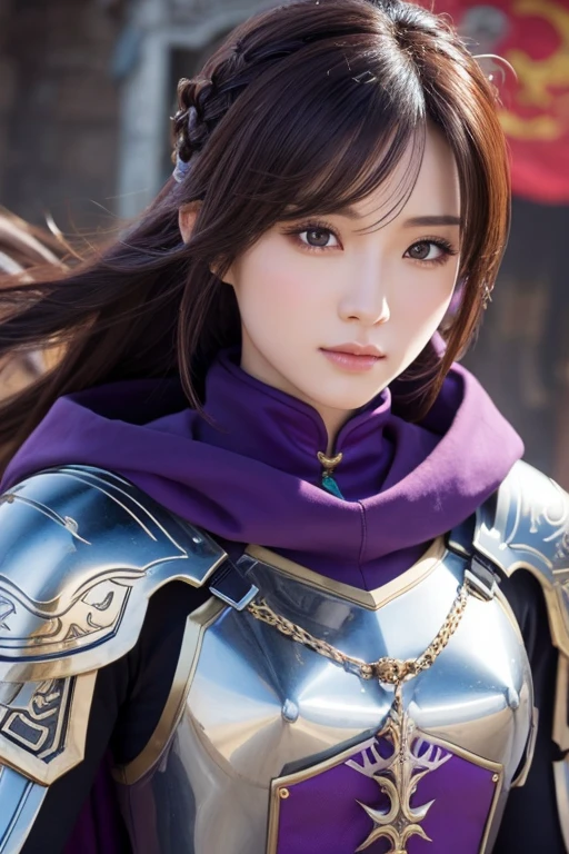 Close-up of a woman in armor and purple cloak, Koei Tecmo, Zhao Yun, China&#39;Three Kingdoms, Bianlian, Genghis Khan, Feng Shui, ponytail, Xianxia Hero, Chinaの戦士,