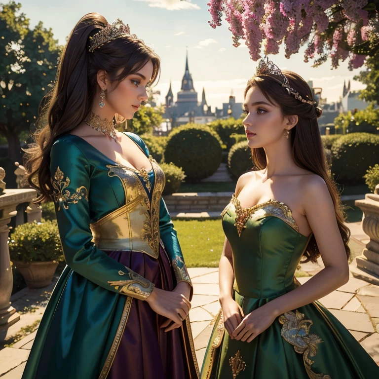 (masterpiece, best quality:1.5), highest quality, High resolution, super detailed, Realists, Upper body photo of a brunette sorceress, detailed and beautiful eyes, beautiful detailed lips, very detailed eyes and face, longeyelashes, shiny satin dress, Holding a magic wand in your hand and performing a transformation spell (Magic wand present and glowing) Beautiful and colorful makeup, elegant and noble々The jewelry bag, Gardens as background, soft daylight, bright colors, fine brushstrokes, Portrait style, Silk dress fabric, beautiful color palette, glowing skin, First-class rendering, that captures every detail, enchanting atmosphere, subtle shadows and lights, (perfect anatomy:1.2), (The two stunning magicians transform dresses) (a transformation):1.4), (magnificent panorama view:1.2)