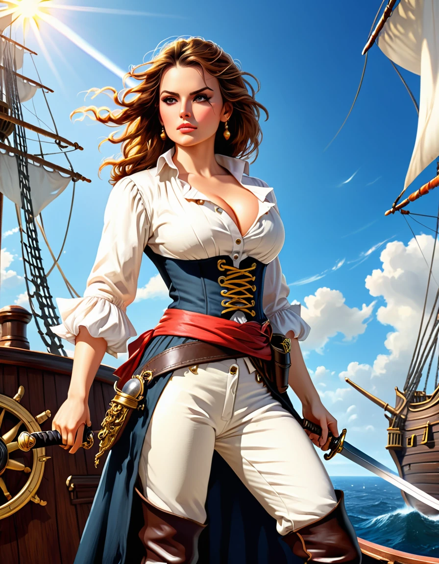a portrait of a woman pirate holding a ((sword: 1.5)) on a pirate ship ready for battle, ((full body: 1.5)), ((anatomically correct: 1.5)), (ultra detailed face: 1.2), looking tense, looking dangerous, dynamic eye color. dynamic hair color, dynamic hair style dynamic skin complexion, wearing 18th century white button shirt, busty , wearing wearing high heeled boots, sunny day, sun rays, some clouds,18th century pirate ship background, vibrant, Ultra-high resolution, High Contrast, (masterpiece:1.5), highest quality, Best aesthetics), best details, best quality, highres, 16k, (ultra detailed: 1.5), masterpiece, best quality, (extremely detailed) RAW, (ultra details, Masterpiece, best quality), Hyperrealism style, holding sword, Intense gaze, holding sword rapier
