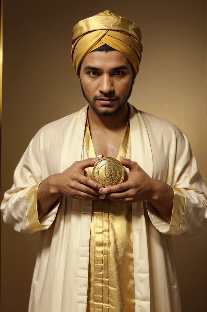 Here is a prompt for image creators: “Create a 3D realistic image of a man wearing traditional robes and a turban (imamah), which shows greed. The man's face should show an expression of greed, with eyes wide and hands holding gold coins or treasure. The background should be simple, ensuring the focus is on the man's greedy attitude."