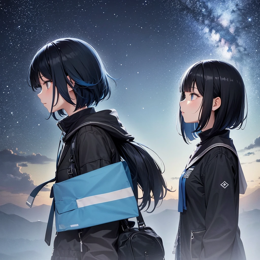 Profile of a high school girl with black bob hair. Looking at the starry sky at night. The girl is designed with a beautiful blue base.、Expressing youth and transience. Upper body only. Solo.