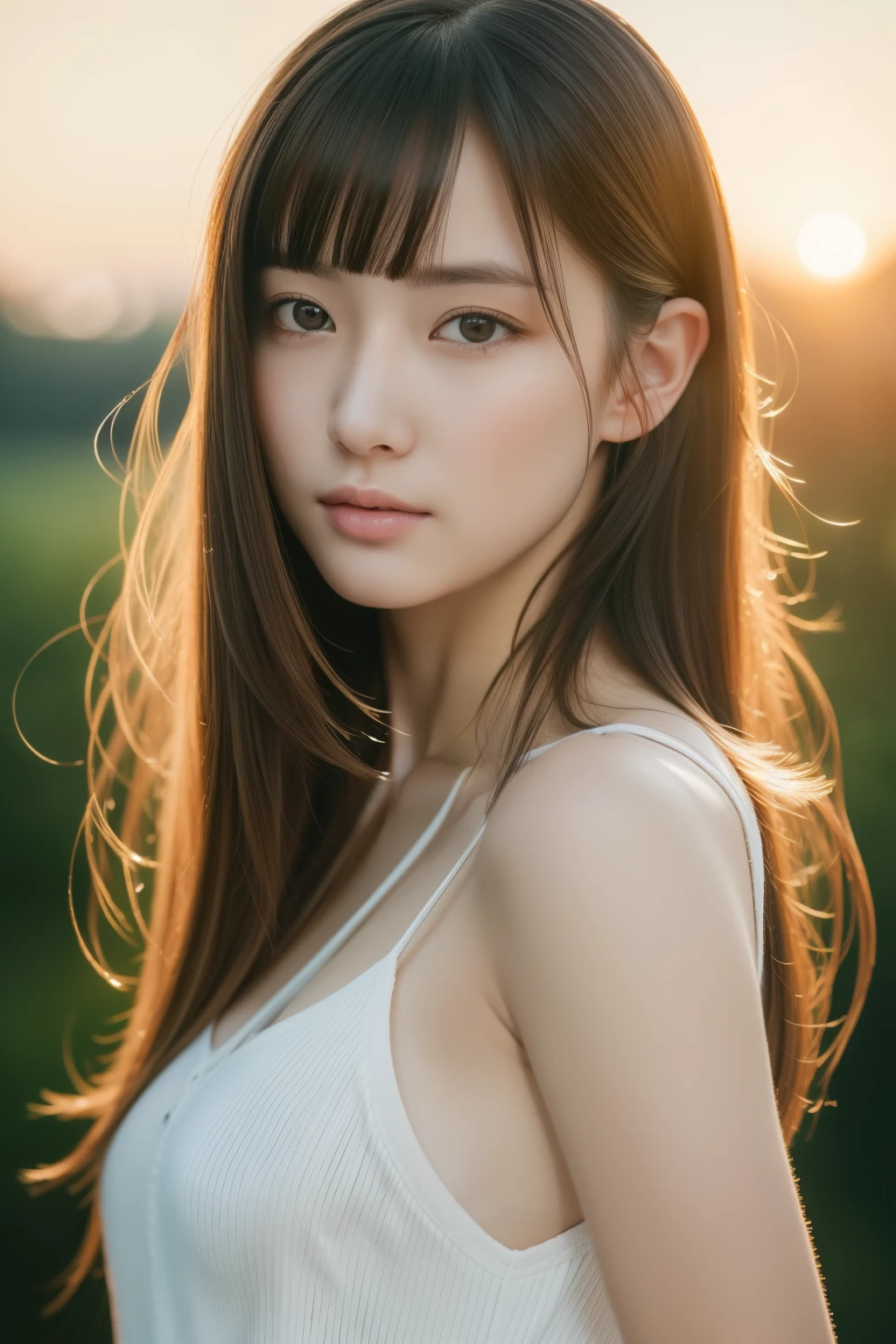 (((​masterpiece))), top-quality, ultra-detailliert, Extremely detailed, Detailed background, light rays, Very beautiful girl, japanese, ,  Detailed face, Solo, (Full body:1.3), (random hairstyles :1.2), Bangs, (Young Face), (Perfect body:1.1), sunset glow, Summer, in 8K, Wallpaper, amazing, finely detail, Ultra-detailed, 超A high resolution, Extremely detailed, Pure erotic face, extremely detailed eye and face, Beautiful detailed eyes, highlydetailed skin, No makeup, (Natural Skin),