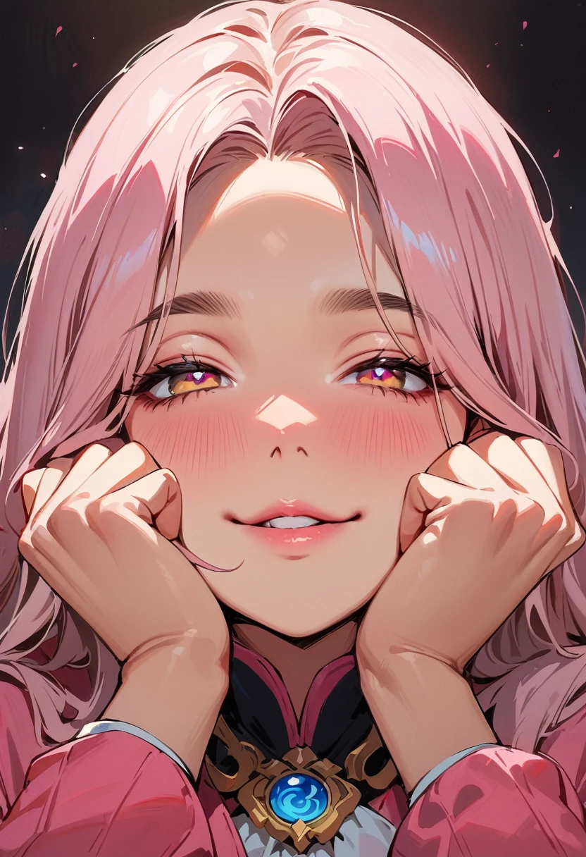 (masterpiece, best quality:1.4), 1 girl, 独奏, Pink love pupils, Blurred eyes, Smile, Look up and down, Pink lower lip, Holding face with hands, Pink Bob, Royal sister, Huge breasts, Pink sweater, Vision, black background.