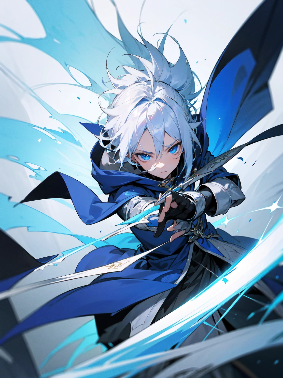 Wizard a young man, he has a silver hair and blue eyes, he wear a hood and wear gloves ,rapier.