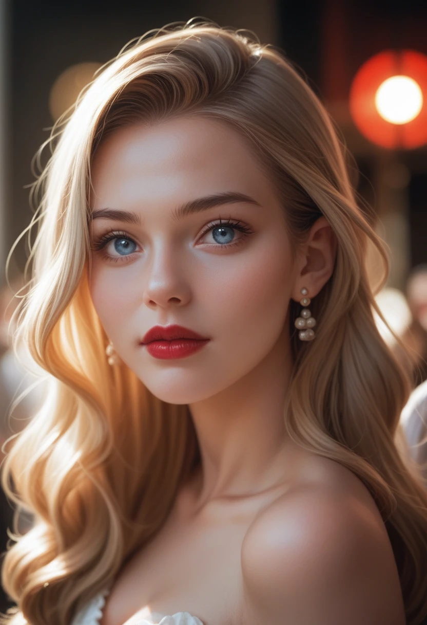 18 year old blonde girl, Her hair is short and wavy, Her upper body, picture , Intense focus,Light on the face, Beautiful blue eyes, Cinema Lighting,Formal wear, cherry red lips,