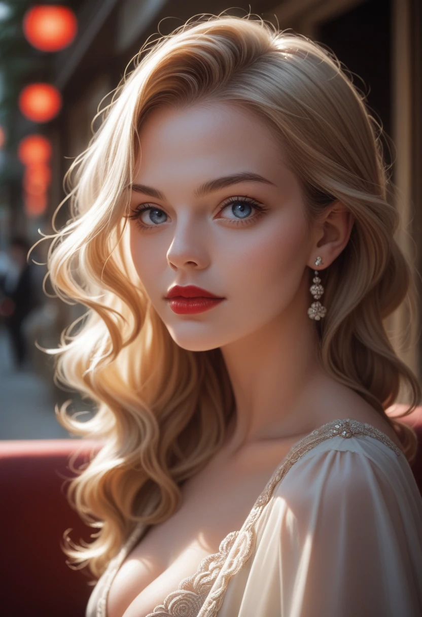 18 year old blonde girl, Her hair is short and wavy, Her upper body, picture , Intense focus,Light on the face, Beautiful blue eyes, Cinema Lighting,Formal wear, cherry red lips,