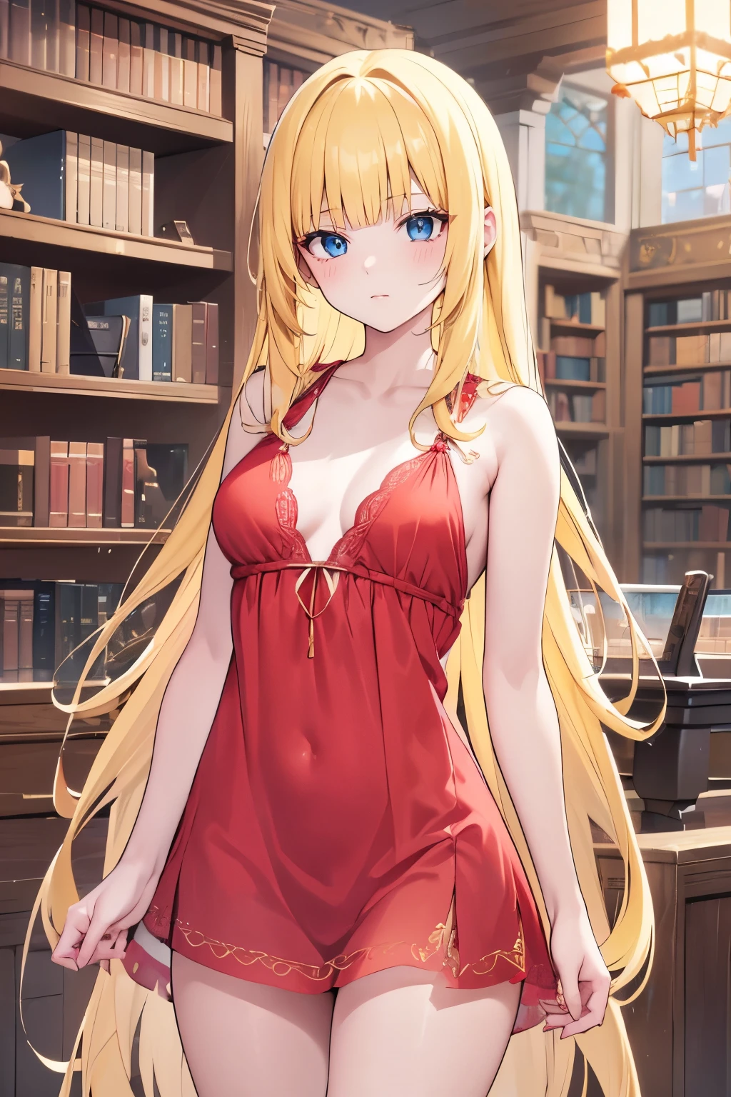 masterpiece, 1 girl, female figure, yellow hair, hime cut, extra long hair, crystal blue eyes, sharp detailed eyes, indoors library, golden blonde hair, cowboy shot, voluminous hair, wavy hair, cute girl, (medium small breasts), (young female body: 1.4), red nightgown, short nightgown, garter, stockings, dark red neglige,