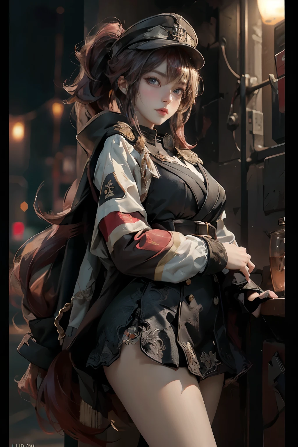 ((best quality)), ((Masterpiece)), (details:1.4), 3d, Image of a beautiful cyberpunk woman., HDR (high dynamic range), mature woman, เหมือนจริง, High ponytails, Red hair, Blue eyes, future police, PBR surface, After processing, Anisotropic filtration,depth of field, Maximum clarity and clarity, multi-layered surface, perfect proportions, 8K raw files, cyberpunk, at night, ผมหลายชั้น,  short skirt, natural lighting, soft lighting, sunlight, หน้าอกใหญ่, a woman wearing a black gothic style military uniform, black military hat with gold details, iron cross symbol on the military hat, 