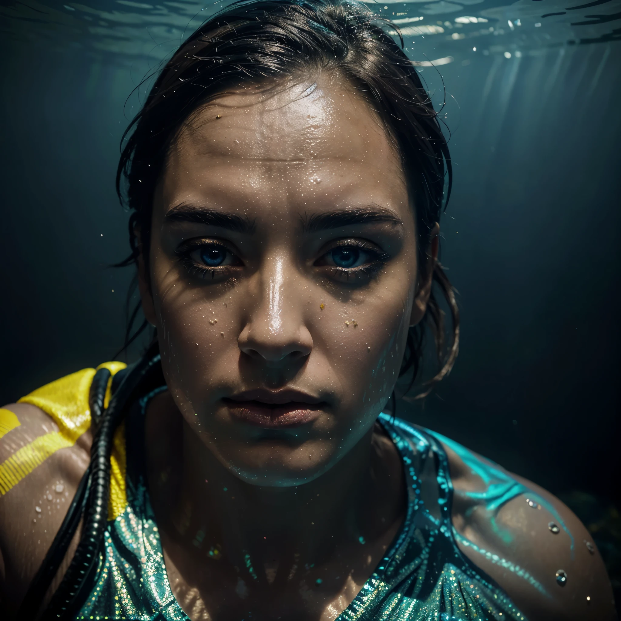 Depict a man swimming underwater with a hyper-detailed render style. His shiny eyes and head are shown in an exaggerated perspective with a close-up view, capturing the surreal nature of the scene. Use Extreme Closeup composition to emphasize the intricate details. The image should glow with hues of yellow and blue, and the water iridescence should create a tyndall effect of holographic light. The background is black, enhancing the vibrant colors and surreal atmosphere. The lighting should feature Neon Light to highlight the glow and surrealism. Render the scene in a Surreal Oil Painting style for a dreamlike quality.