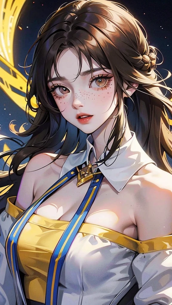 A stunning and captivating anime portrait, illustrating a realistically rendered female character with vibrant colors and an orange-red-yellow theme. She has gorgeous eyes, adorned with a ring on one finger, and a cute look with one finger on her lips, giving a slight head tilt, looking directly into the camera. Her voluptuous yet slim body is accentuated by her perfectly proportioned features. Her eyes glow with an orange aura, signifying her magical and emo-like qualities. Her brown, long hair falls effortlessly with bangs, and she has a dreamy expression, complete with big eyelashes, pink inner lips, and freckles. The background is a blend of dark and magical elements, complementing her enchanting aura. This captivating artwork is a masterpiece by top artists, featuring a 3D rendering in UE5 and Niji style, capturing the, portrait photography