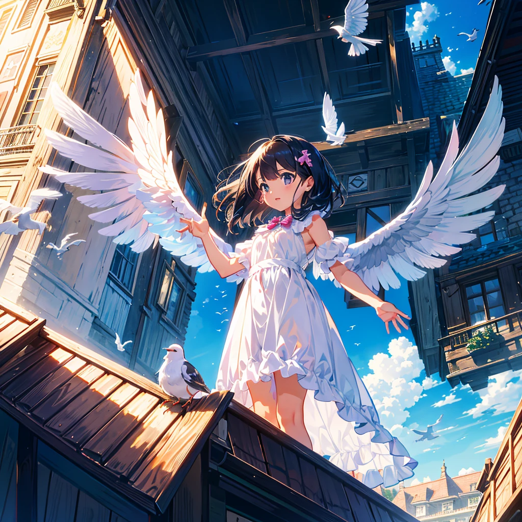 {{{Masterpiece, highest quality, high resolution background}}}, Bright and beautiful atmosphere, 1 girl (7 years old, round face, baby face), small breasts, roof of a building, pigeon coop on the roof, many pigeons They are lined up in an orderly manner. A carrier pigeon flies in the palm of a girl's hand "deltamon_sdXL :0.73) >Deltamon"