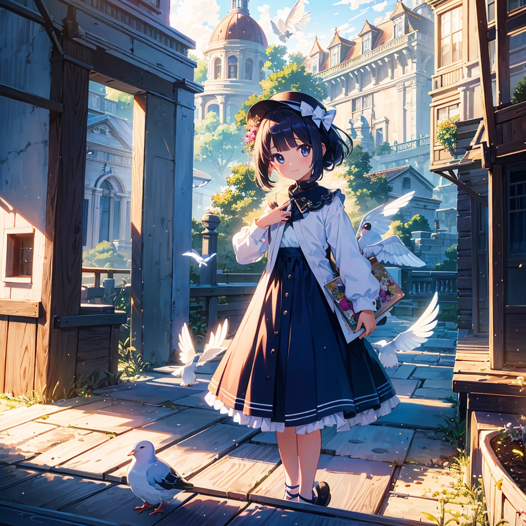 {{{Masterpiece, highest quality, high resolution background}}}, Bright and beautiful atmosphere, 1 girl (7 years old, round face, baby face), small breasts, roof of a building, pigeon coop on the roof, many pigeons They are lined up in an orderly manner. A carrier pigeon flies in the palm of a girl's hand "deltamon_sdXL :0.73) >Deltamon"