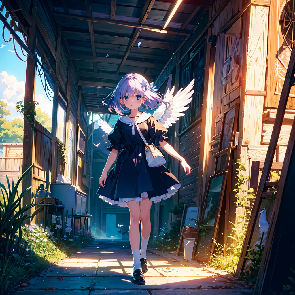 {{{Masterpiece, highest quality, high resolution background}}}, Bright and beautiful atmosphere, 1 girl (, round face, baby face), small breasts, roof of a building, pigeon coop on the roof, many pigeons They are lined up in an orderly manner. A carrier pigeon flies in the palm of a girl's hand "deltamon_sdXL :0.73) >Deltamon"