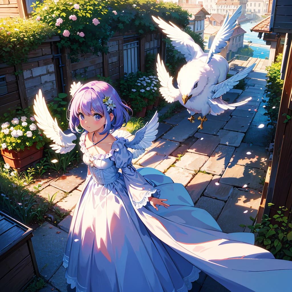 {{{Masterpiece, highest quality, high resolution background}}}, Bright and beautiful atmosphere, 1 girl (7 years old, round face, baby face), small breasts, roof of a building, pigeon coop on the roof, many pigeons They are lined up in an orderly manner. A carrier pigeon flies in the palm of a girl's hand "deltamon_sdXL :0.73) >Deltamon"