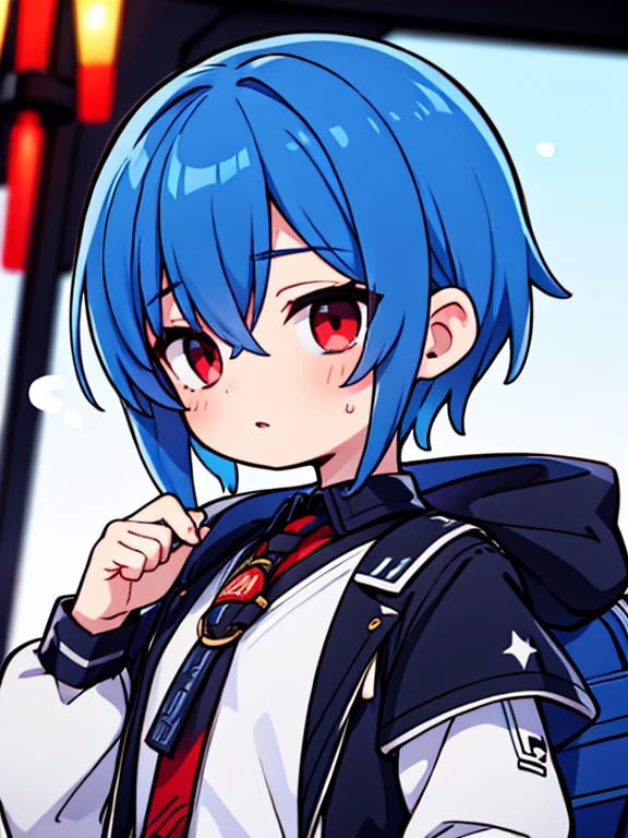 Androgynous boy、Shortcuts、Blue Hair、Red Eye