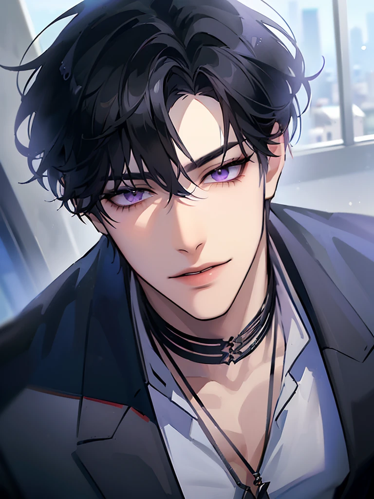 (masterpiece, 8k, high quality, best quality:1.6), 1boy, solo, short hair, black hair, asymmetrical fringe, purple eyes, handsome, sharp eyes, (mature male, mature:1.2), male focus, fashionable, tucked in open white collared shirt, gray pants, necklace, close up, smile, long eyelashes, soft shadows, perfect ???????