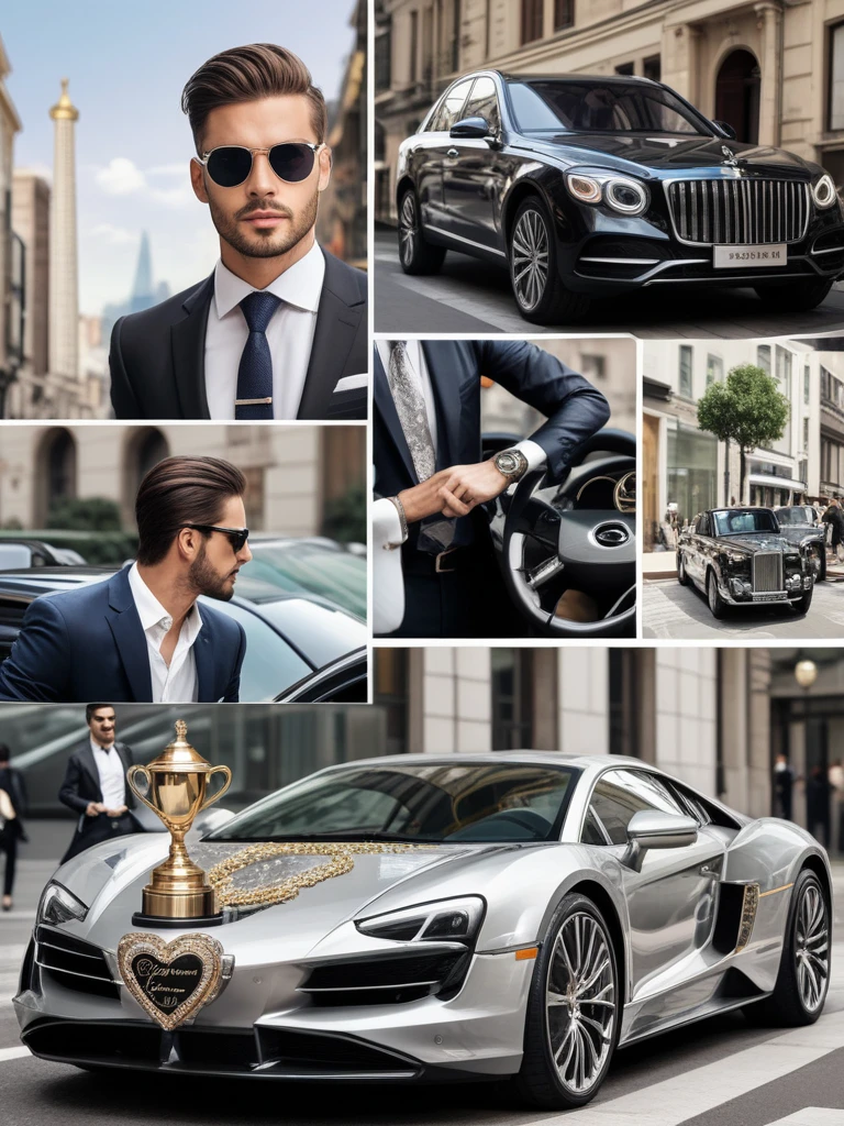 Well-dressed man getting into a luxury car, Bustling urban scenery"
"Collage of icons representing success: trophy, Ascending chart, chave, Heart, Money symbol