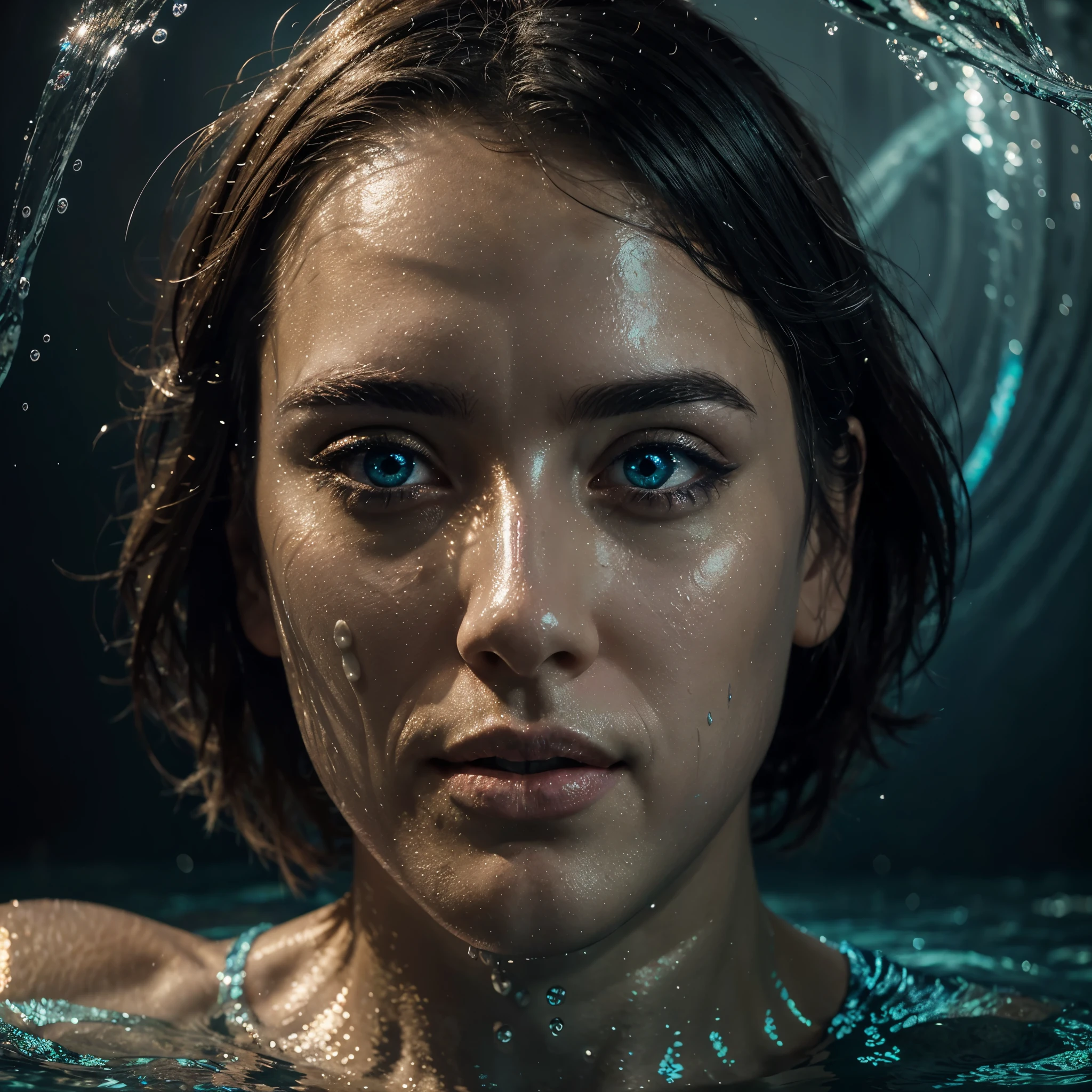 Depict a man swimming underwater with a hyper-detailed render style. His shiny eyes and head are shown in an exaggerated perspective with a close-up view, capturing the surreal nature of the scene. Use Extreme Closeup composition to emphasize the intricate details. The image should glow with hues of yellow and blue, and the water iridescence should create a tyndall effect of holographic light. The background is black, enhancing the vibrant colors and surreal atmosphere. The lighting should feature Neon Light to highlight the glow and surrealism. Render the scene in a Surreal Oil Painting style for a dreamlike quality.