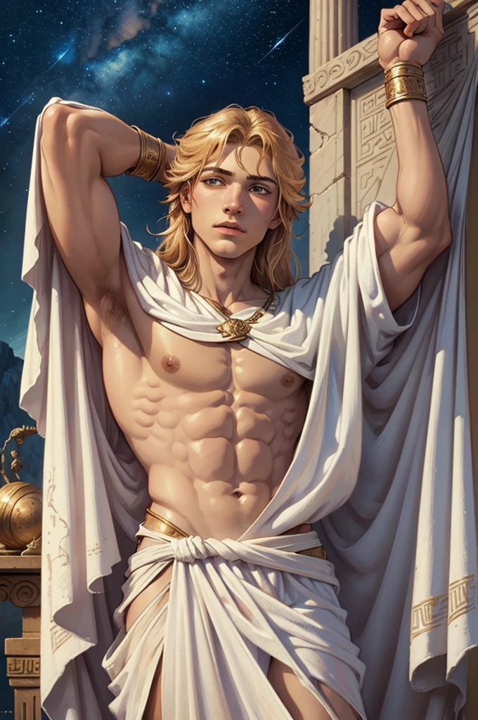 ((Best Quality)), ((artwork)), (detailed), Greek mythology, a young Alexander dreaming of conquering the world under the stars of the ancient kingdom white robes