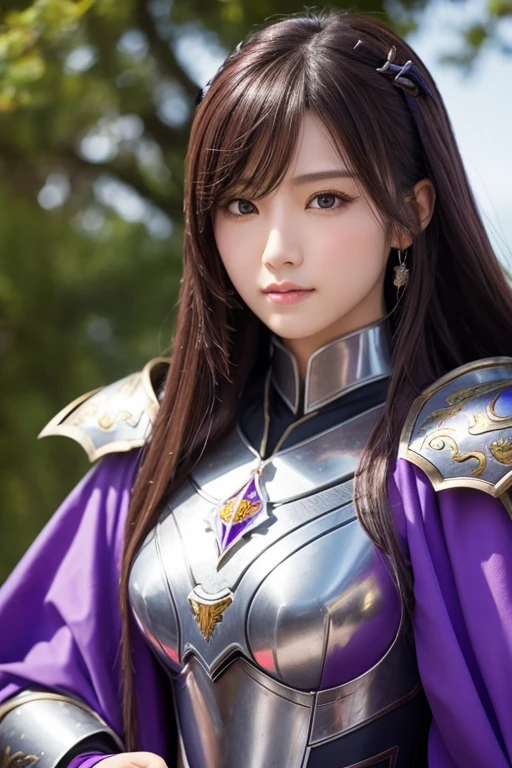 Close-up of a woman in armor and purple cloak, Koei Tecmo, Zhao Yun, China&#39;Three Kingdoms, Bianlian, Genghis Khan, Feng Shui, ponytail, Xianxia Hero, Chinaの戦士,Large Breasts