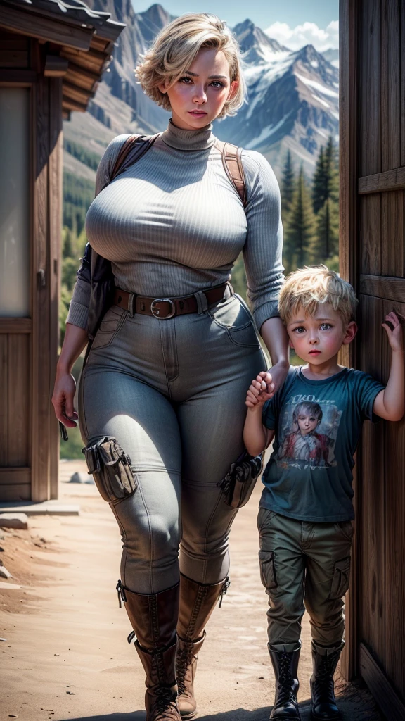 A 40 year old curvy woman with short blonde hair and light blue eyes, wearing a gray skin tight shirt, khaki tight pants, tactical belt and boots, standing in the mountains with her son, 1940s art post, pinup style, semi-athletic body, (best quality,4k,8k,highres,masterpiece:1.2),ultra-detailed,(realistic,photorealistic,photo-realistic:1.37),HDR,UHD,studio lighting,ultra-fine painting,sharp focus,physically-based rendering,extreme detail description,professional,vivid colors,portrait