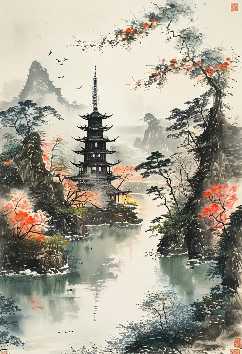 Japanese Ink painting portrait of sail boat on river there is a Japanese pagoda in the far distance