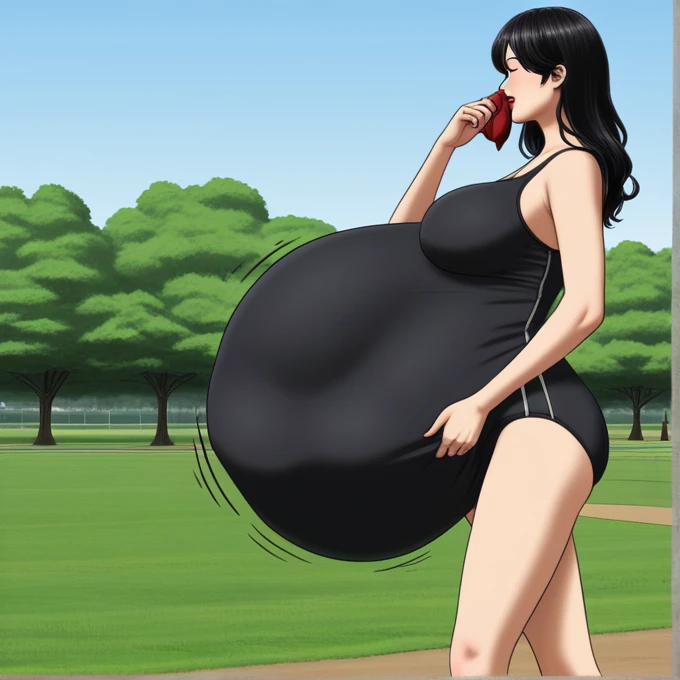 masterpiece, best quality, {best quality}, {{masterpiece}}, {highres}, {{{field field}}, extremely detailed, anime girl, shoulder length hair,black hair, detailed face, red lipstick, tasting, vore belly, gigantic belly, black one-piece swimsuit, covered belly, big bush behind, waddling, sideview pov, walking, nightime, park background, slim legs and arms.