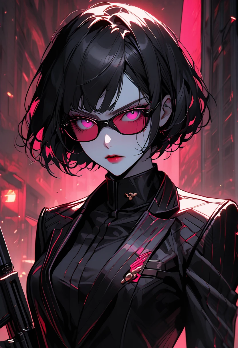 solo, female, tall, elegant, sunglasses, bodyguard, broad shoulders, pixie cut, black hair, pink eyes, pale skin, athletic, very tall, sober feminine suit, black clothes, determined, medium shot, luxurious hotel, classy, professional, close up, combat shotgun, combat robot