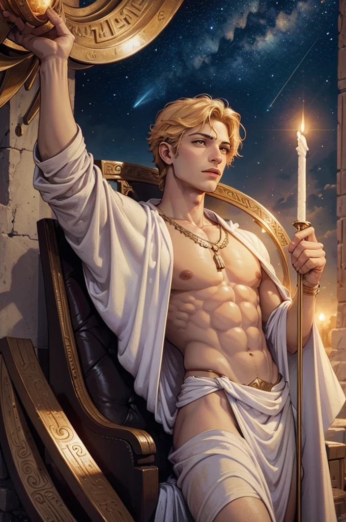 ((Best Quality)), ((artwork)), (detailed), Greek mythology, a young Alexander dreaming of conquering the world under the stars of the ancient kingdom white robes