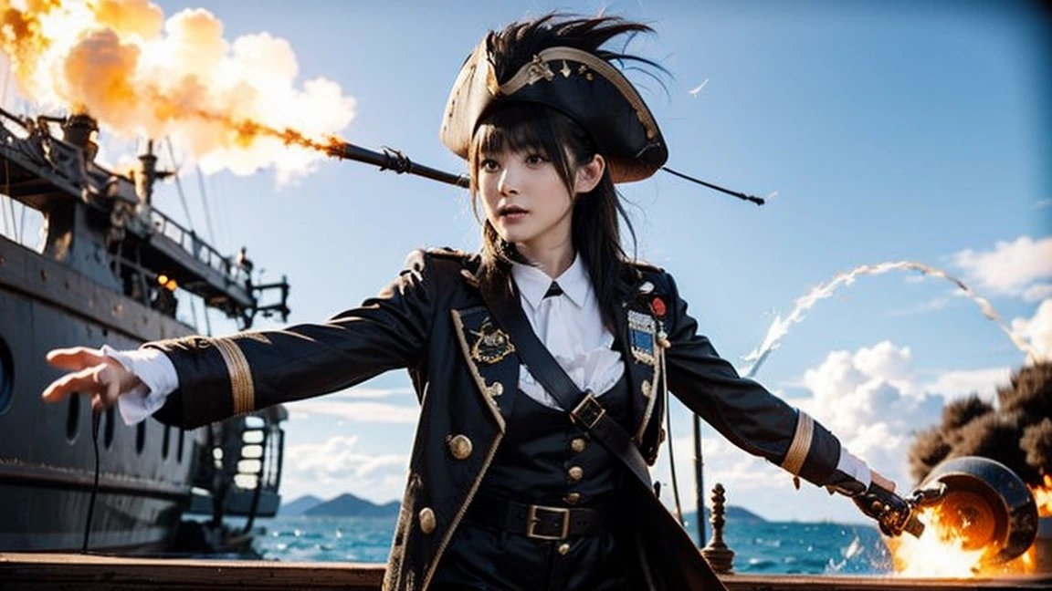 pirate戦争, Dramatic, One Girl, bangs, Black Hair, pirate, pirate hat, deck, coat,Eye patch, Fierce naval battle, Brawl, pirateの旗, Artillery fire, Shattered Ship, Splash, Cannon smoke, Black sail, Fire and Destruction, bullets flying, cutlass