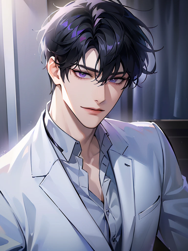 (masterpiece, 8k, high quality, best quality:1.6), 1boy, solo, short hair, black hair, asymmetrical fringe, purple eyes, handsome, sharp eyes, (mature male, mature:1.2), male focus, fashionable, tucked in open white collared shirt, gray pants, necklace, close up, smile, long eyelashes, soft shadows, perfect anatomy