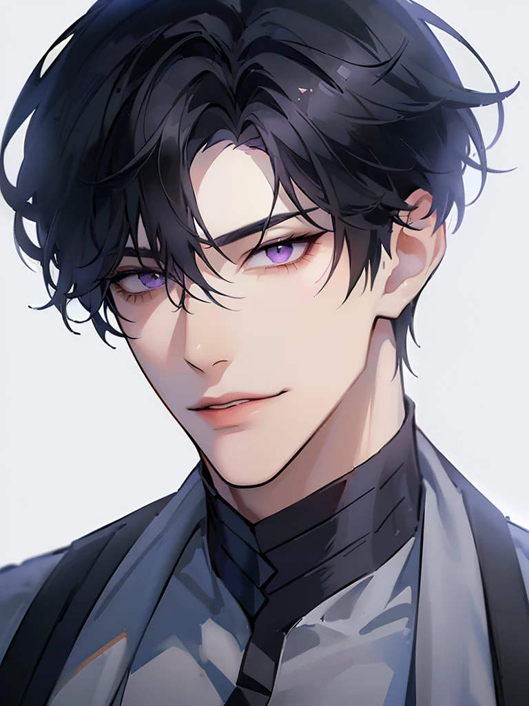 (masterpiece, 8k, high quality, best quality:1.6), 1boy, solo, short hair, black hair, asymmetrical fringe, purple eyes, handsome, sharp eyes, (mature male, mature:1.2), male focus, fashionable, tucked in open white collared shirt, gray pants, necklace, close up, smile, long eyelashes, soft shadows, perfect anatomy