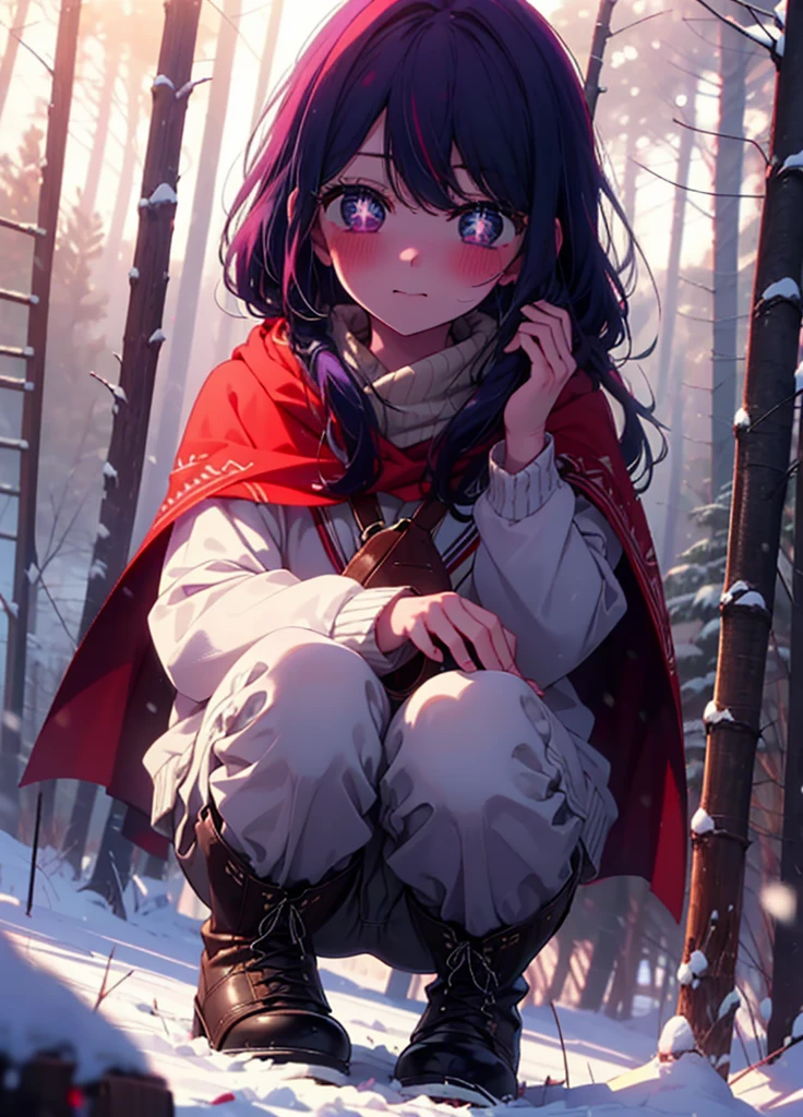 aihoshino, Ai Hoshino, Long Hair, bangs, (Purple eyes:1.1), Purple Hair, (Symbol-shaped pupil:1.5), smile,,smile,blush,white breath,
Open your mouth,snow,Ground bonfire, Outdoor, boots, snowing, From the side, wood, suitcase, Cape, Blurred, , forest, White handbag, nature,  Squat, Mouth closed, Cape, winter, Written boundary depth, Black shoes, red Cape break looking at viewer, Upper Body, whole body, break Outdoor, forest, nature, break (masterpiece:1.2), Highest quality, High resolution, unity 8k wallpaper, (shape:0.8), (Beautiful and beautiful eyes:1.6), Highly detailed face, Perfect lighting, Highly detailed CG, (Perfect hands, Perfect Anatomy),