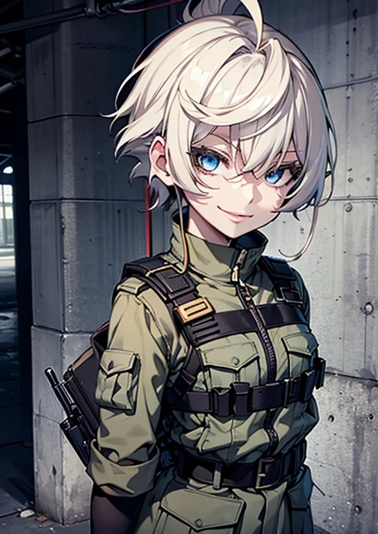 (( best quality, masterpiece, )) white hair, crimson eyes, pale skin, short hair, tomboy, smile, albino, military uniform, kevlar vest, small breasts