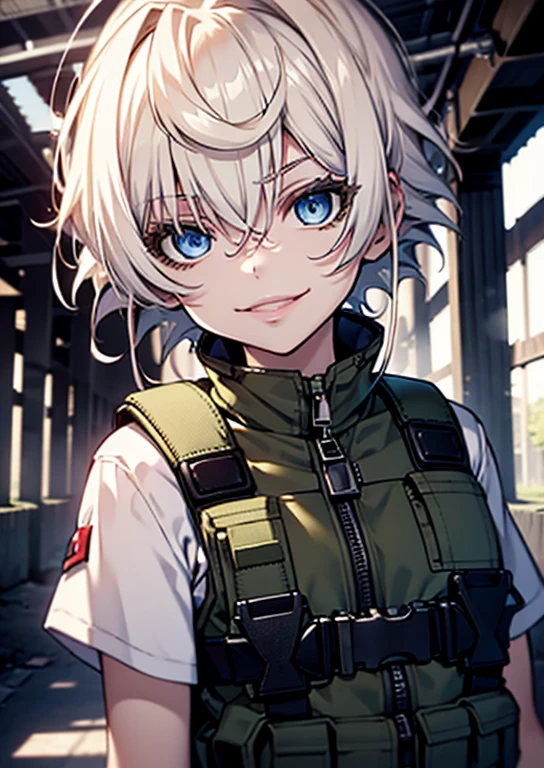 (( best quality, masterpiece, )) white hair, crimson eyes, pale skin, short hair, tomboy, smile, albino, military uniform, kevlar vest, small breasts